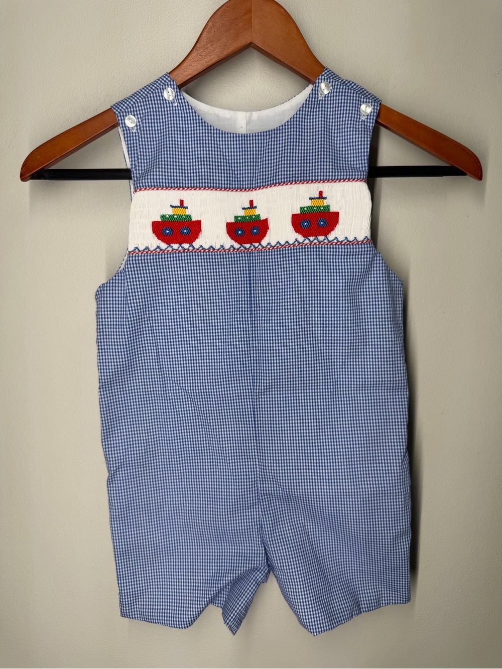 Velani Classics Smocked Boat Jon Jon Romper Blue Gingham Nautical Shortall Child